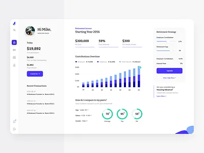 Retirement Savings Account Dashboard banking app banking dashboard bar chart blue charts dashboard ui data visualization donut chart investment app modern portal product design ui ux web