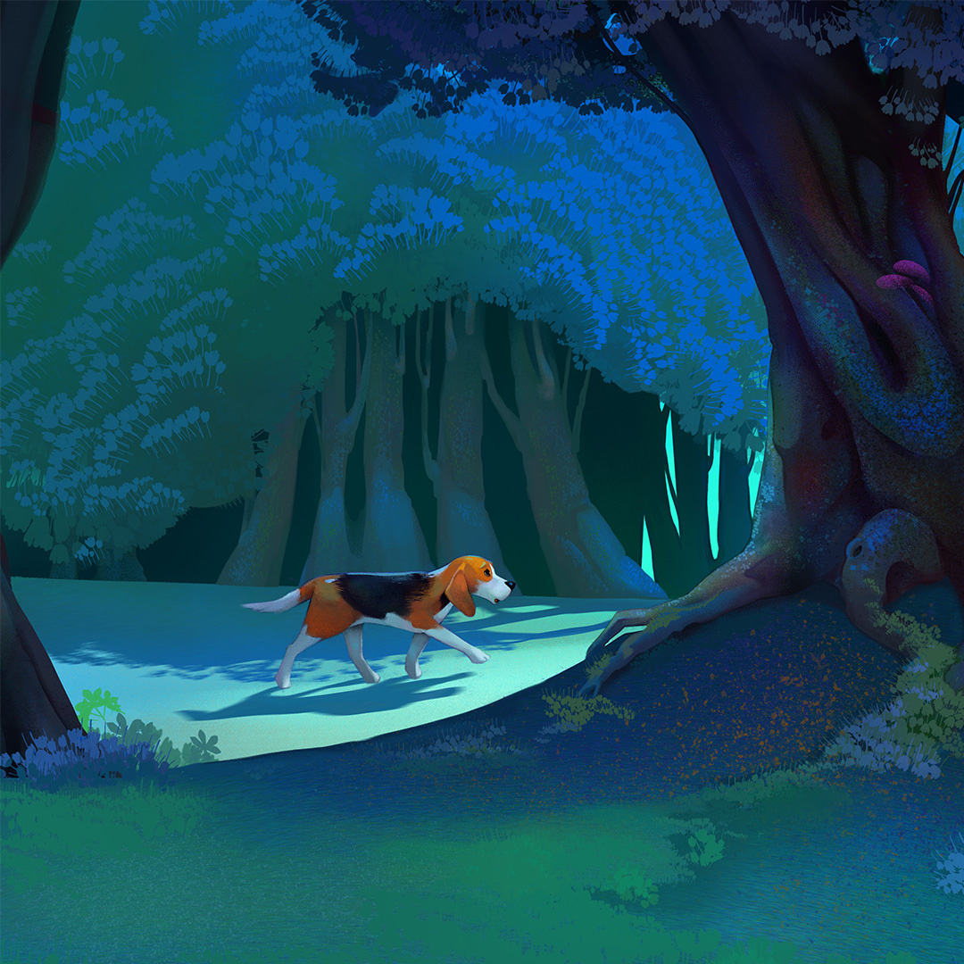 Oliver the Beagle's Magical Night Journey #1 beagle dog environment forest illustration night owl tree