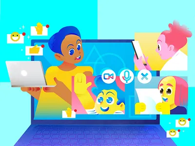 Back to School cartoon edtech elearning illustration illustrator kindergarten laptop online classes primary colors primary school students teachers