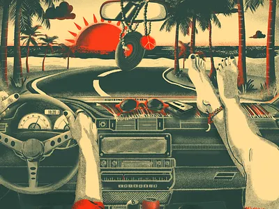 Hit the road beach car digital painting graphic design grit hippie illustration roadtrip sunset texture
