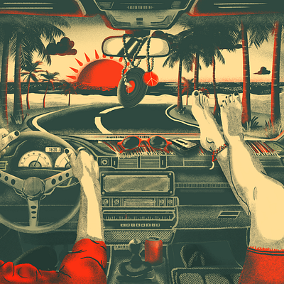 Hit the road beach car digital painting graphic design grit hippie illustration roadtrip sunset texture