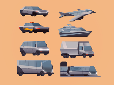 Transport cyberpunk app art boat bus cars cyberpunk cybertruck design icon icons illustration metal plane taxi train transport truck ui van vector