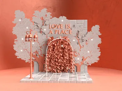 Love is a Place Wedding Pop-up 3d art 3d design 3d designer adobe dimension adobe photoshop booth brand design brand identity branding bridal celebration copper experiential design photo opp photobooth pop up subway tile typogaphy wedding white