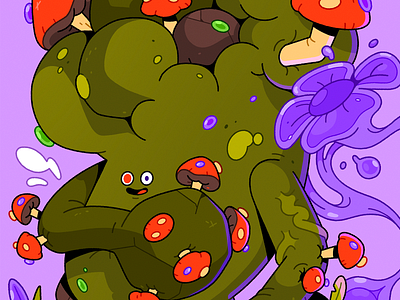 Brock the Boulder. 2d boulder cartoon character characterdesign cute green illustration illustrator moss mushroom purple