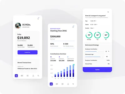 Retirements Savings Account - Mobile banking app banking dashboard bar chart bar charts dashboard ui data visualization donut chart investment app mobile mobile app modern portal product design ui ux