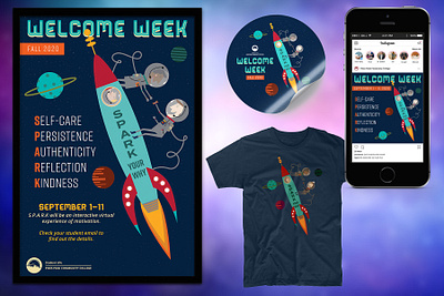 Welcome Week Campaign astronaut collateral college design graphic design higher education illustration marketing collateral mid century modern outer space print design retro space university vintage