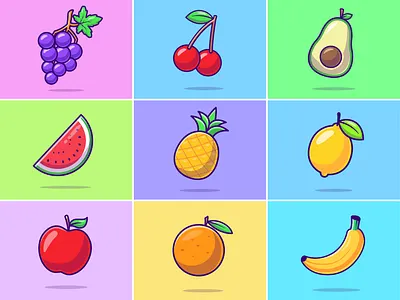 Fruit icons part 2🍇🍒🥑🍉 cherry cooking cute dessert drink food fresh fruit grape healthy icon illustration juice lemon logo meal pineapple salad slice snack