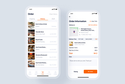 Order History - Food Delivery UI Kit app authentication booking checkout deliver delivery food food app interface map view material minimal mobile onboaring order ordering profile restaurant tracking ui kit