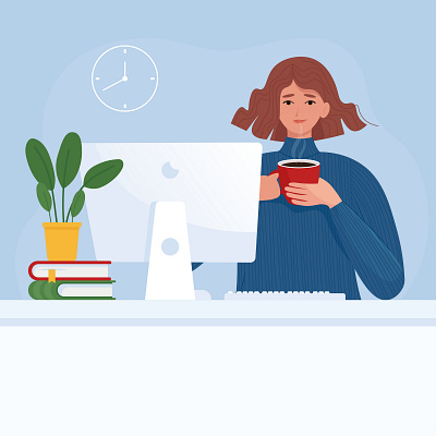 Woman working at the computer and drinking coffee adult books business illustration businesswoman coffee coffee break computer cute design female flat freelancer illustration job office office work time vector woman worker