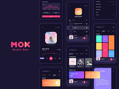 Music Player - MOX app art dark dark mode design flat icon illustration logo mobile music typography ui uidesign uiux uiux design ux