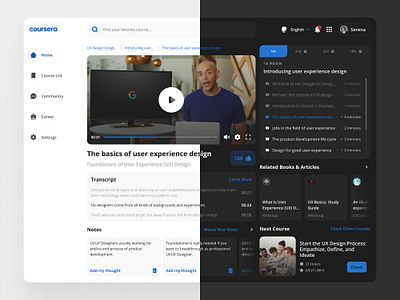 Coursera Dashboard Design 📕 coursera dark mode dashboard desktop edtech education figma light mode minimalist moocs revamp ui design uiux video streaming web design