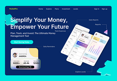 Manage your money with PocketPro digital figma landing page manage money money app pocket save money ui