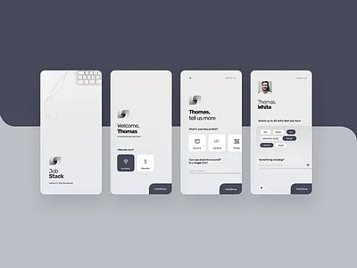 JobStack - mobile IT jobs matching app app app design blue branding design gray hr job job application job board logo mobile mobile app mobile app design mobile ui tinder user inteface
