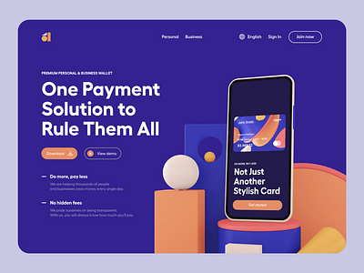 Virtual Wallet and Payment Service Landing Page Design 3d bank credit card e wallet finance hero section interactive landing page payment ui ux virtual wallet web design website