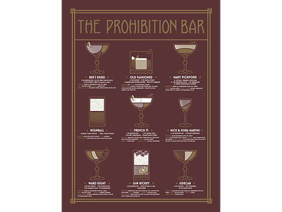 The Prohibition Bar alcohol bar art booze cocktails design french paper gold graphic design hand lettered hand lettering illustration limited run metallic gold paver red poster prohibition recipes screen print typography vectored