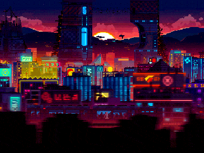 Dawn 8 bit animated art cyberpunk gif illustration loop night pixel retro