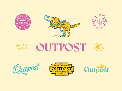 Outpost Brand Identity Set badge brand branding cactus coyote desert hand drawn handmade identity illustration logo modern neon script sign snake typography vintage western wild