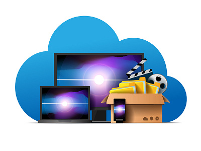 Clouds technologies 2d box cinema folder illustration it laptop mobile pc skeuomorph skeuomorphic speed technologies ui vector