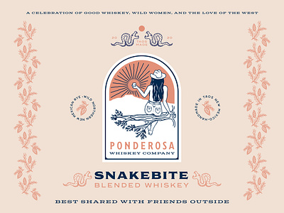 Ponderosa Whiskey Company branding illustration label design logo new mexico snakes southwest vector whiskey wild women