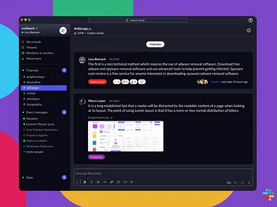 Dashboard UI / Dark Slack animation chat colors dark dark theme dashboad design system digital group illustraion interface mobile ui slack slack app team typography uidesign web website yesterday