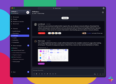 Dashboard UI / Dark Slack animation chat colors dark dark theme dashboad design system digital group illustraion interface mobile ui slack slack app team typography uidesign web website yesterday