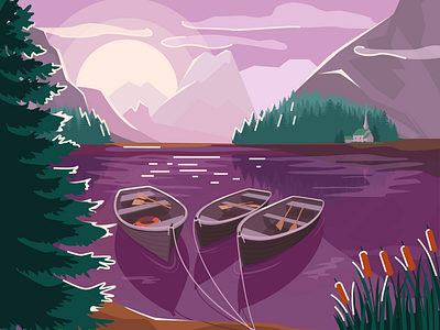 Еvening landscape art berth boats design evening flat illustration landscape sunset vector