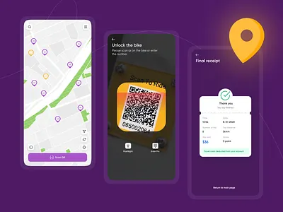 Map and QR code Scan app bike bike ride bike share bikeshop delivery filter map minimal order purple qr qr code recipe app scan ui unlock user interface ux
