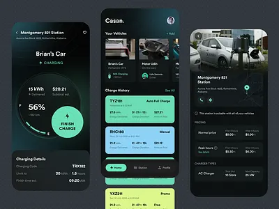 EV Charging Mobile App app design battery car card charger charging clean dark details page ev futuristic home screen ios modern product design station tesla ui ux web