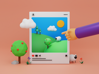 Nature in The frame 3d apple b3d blender cloud cycles flower frame hand heart instagram lowpoly nature sheep sky social socialmedia sun tree ui