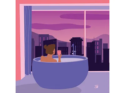 🛀 🍷 🌇 💜 goalll adobe illustration adobe illustrator bathroom city city illustration digital illustration flat illustration flatdesign illustration interior design relaxing vector design wine
