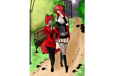 Couple commission couple couple illustration couple walking demon girls demoness demons digital art friends lesbians walking