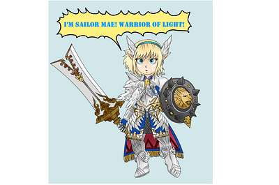 ff14 commission anime anime girl armour blonde blue eyes chibi commission digitalart ff14 final fantasy final fantasy 14 illustration shield silver armour sword