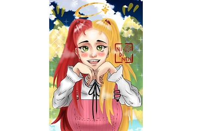 Sophia angel angels angelsona blonde commission cute digital art green eyes oc original character pink red hair transparent wings