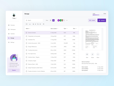 Storage Management Concept dashboard document file sharing file upload sharing storage ui ux ui design ux design