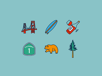 CALIFORNIA ICONS bear icon california clean ui flat golf icons illustration lineart logo minimalist retro road san francisco sequoia simple logo surfboard icon travel tree ui wine bottle