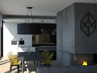 Lakeside House 3d 3dsmax architecture archviz arnold arnold renderer chair concrete couch digital 3d fireplace interior interior design lake lighting loft table villa