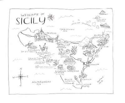 Sicily Map sketch adventure cartography compass educational illustration gelato handlettering illustrated map mediterranean mt etna palermo pencil portland illustrator rustic sea sicilia sicily sketch travel winery