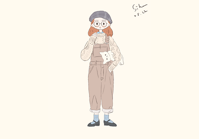 Girl dressed with overall and holding a "Sealcat" dailychallenge design digital painting girl girl character girl illustration graphic graphicdesign illustration ootd outfit outfits practice procreate self portrait