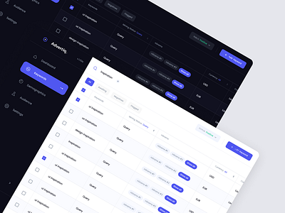 Admin panel for Ads ads app dark dark theme dark ui dashboard design information keywords light ui navigation profile search search bar table tables