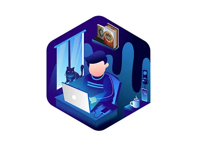 Hexa gradient illustration working at home with pet cat animation art design gradient illustration illustrator isometric laptop logo people vector wfh work
