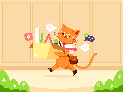 The cat back to work in the office activity animal cat character flat illustration graphic design illustration illustrations office routine stationery vector illustration walking wfo work working
