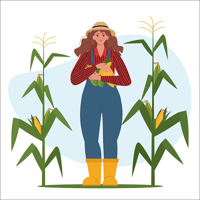 Woman farmer with ears of corn in her hands agriculturist agronomy autumn cob corn cute farmer farmers female field flat happy harvest illustration maize people september vector woman worker