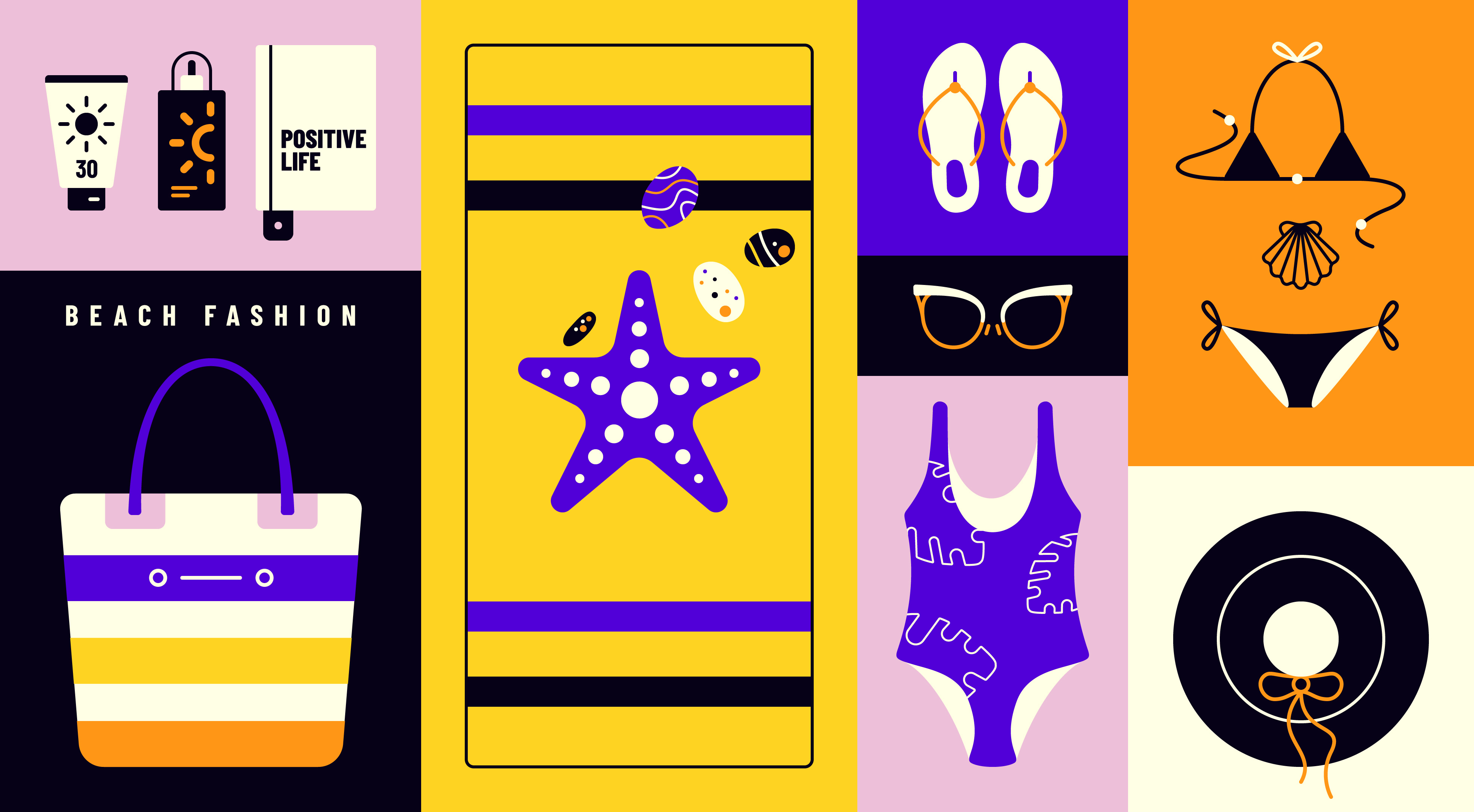 Beach Collection animation beach beach bag beach towel bikini branding color design fashion flat graphic design illustration motion sea ​​shell starfish summer swimsuit typography vector