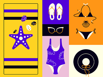 Beach Collection animation beach beach bag beach towel bikini branding color design fashion flat graphic design illustration motion sea ​​shell starfish summer swimsuit typography vector