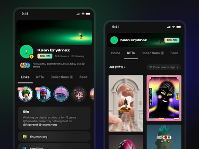 NFT Portfolio App app bitcoin collections crypto dark feed futuristic links mobile modern nft ui ux