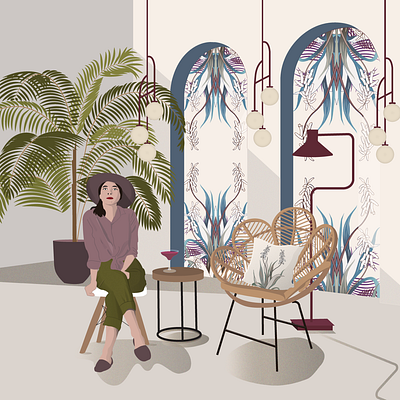 Tropical Interior Girl art artwork cocktail design digital art digital design digital illustration graphic design illustration illustration art illustrator palms pattern art pattern design summer summer time tropical tropical pattern visual design visual identity