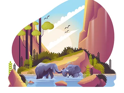 Elephants chilling with Nature animal background colorful elephant forest fountain gradient hill landscape nature trees