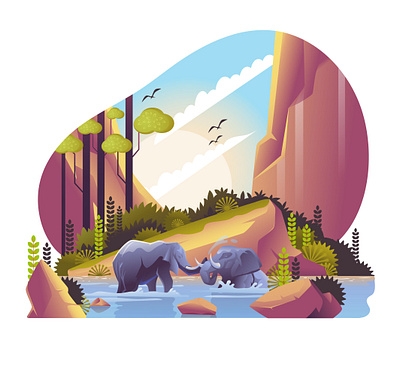 Elephants chilling with Nature animal background colorful elephant forest fountain gradient hill landscape nature trees