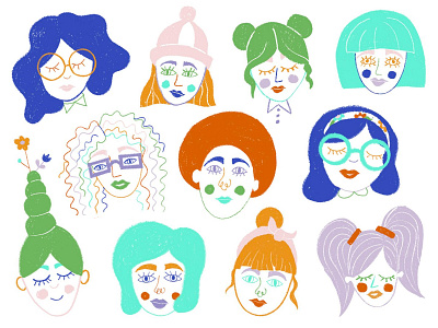 Funky Faces bright colors characters colorful design doodle drawing faces flat illustration flowers illustration line art portrait woman women women illustration