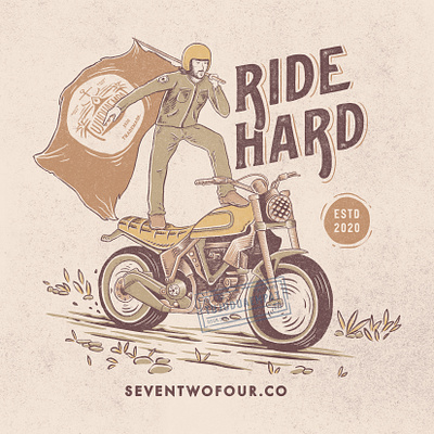 Ride Hard design digitalillustration handdrawn illustration illustrator motorbike motorcycle rider riding tshirt design typography vintage vintage design